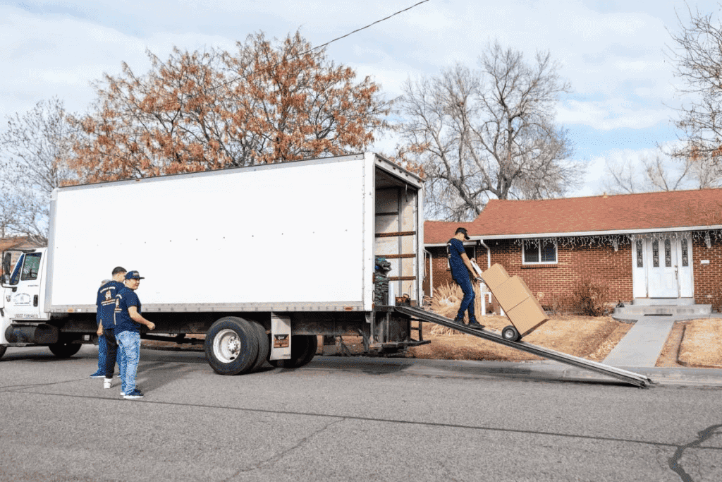 street view of moving truck and movers.