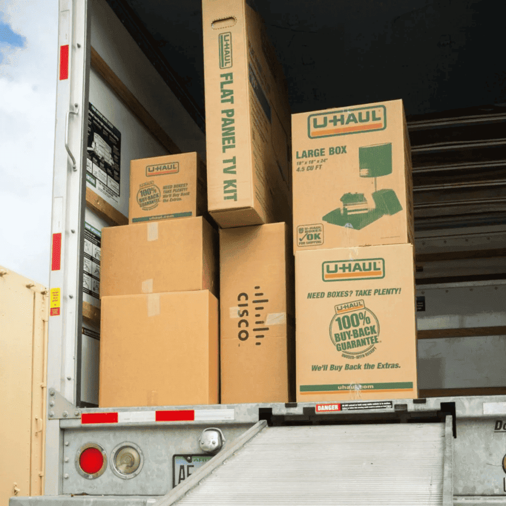 uhaul boxes in moving truck.